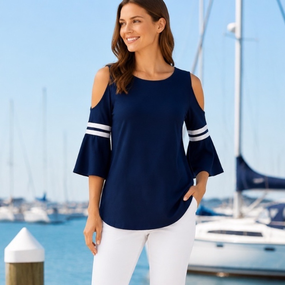 Nautical Crown & Ivy Shirt White and Navy Sz M Nautical 3/4 Sleeve